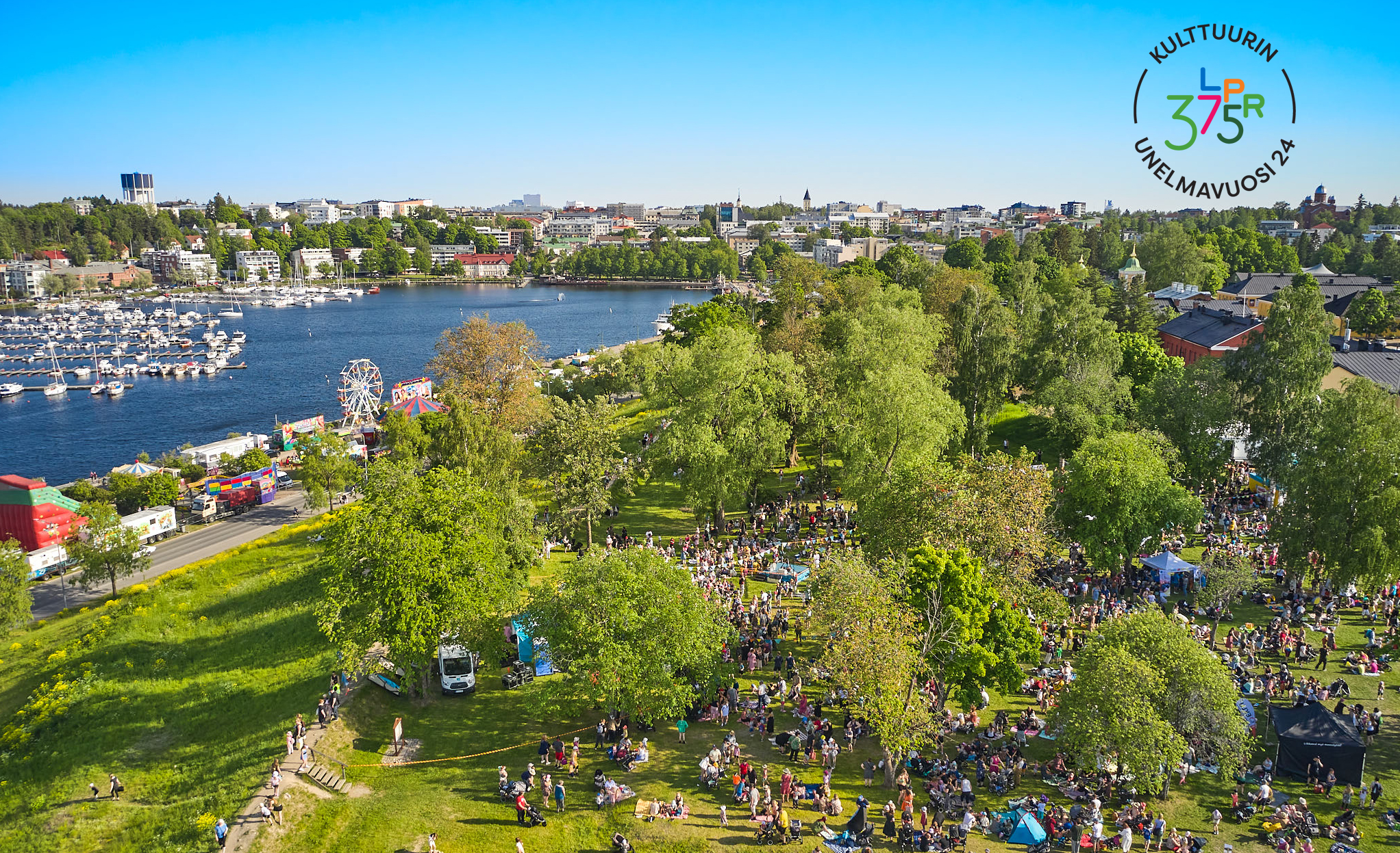 Lappeenrannan linnoitus ja kaupunginlahti. Kuvan päällä logo, jossa lukee Kulttuurin unelmavuosi ja LPR375.